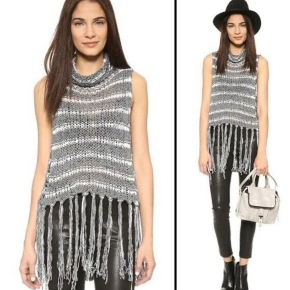 Free People Striped Grey & White Folksong Fringe Knit Boho Cowl Neck Sweater XS